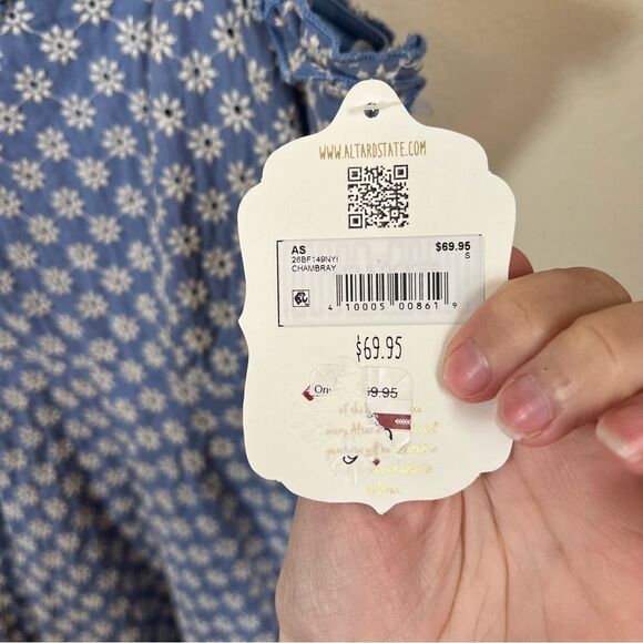 ✨ Altar’d State Chambray Embroidered Blue White Mini Dress Small NWT - Picture 6 of 13